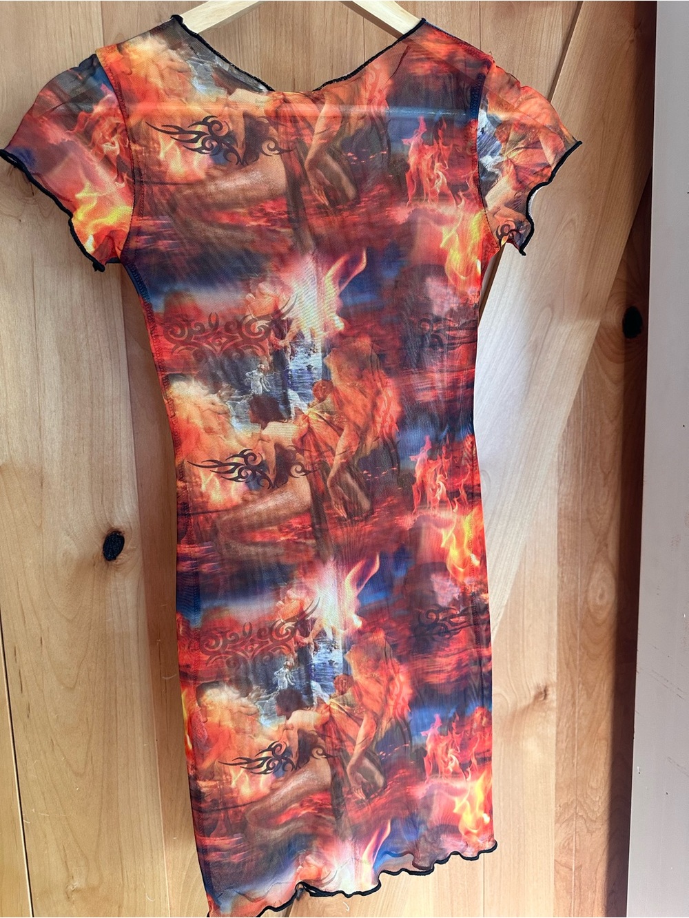 PrettyLittleThing Orange Red Flame-Print Mesh Top